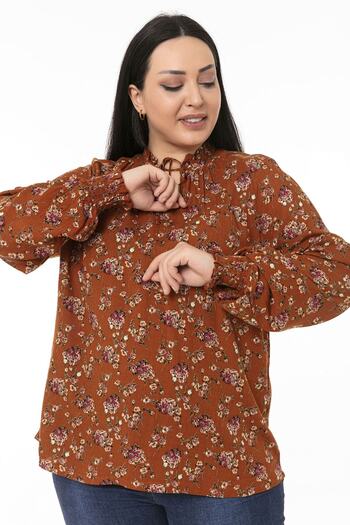 DISENTIS MODEST Plus Size Ruffled Drop Collar Sleeve Mouth Gipped Small Floral Brown Blouse