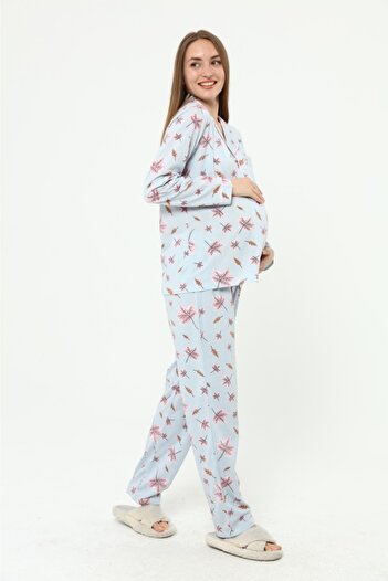 Nehir tekstil Set de pijamale de maternitate din bumbac pieptănat cu nasturi în față