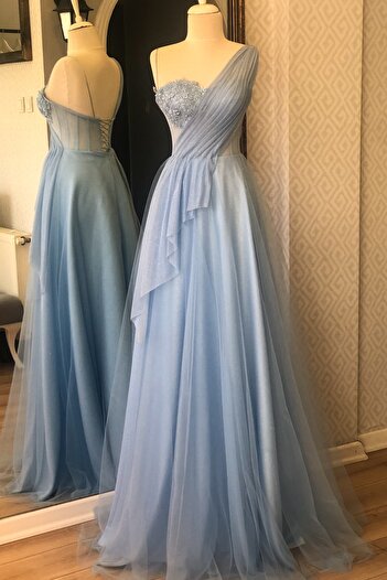 Lenta Moda Detaylı Simli Buz Mavi Renk Abiye ve Gece Elbisesi