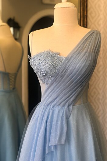 Lenta Moda Detaylı Simli Buz Mavi Renk Abiye ve Gece Elbisesi