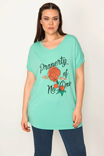 Şans Women's Large Size Green Print Detailed Low Sleeve Blouse 65n22675