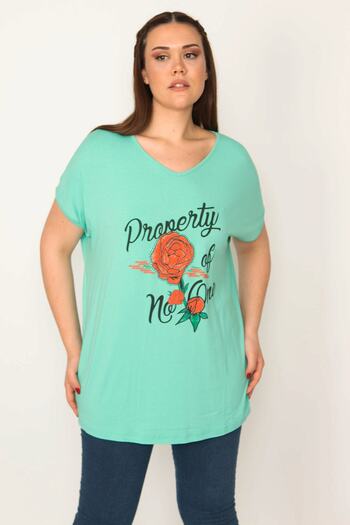 Şans Women's Large Size Green Print Detailed Low Sleeve Blouse 65n22675