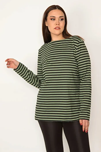 Şans Women's Large Size Green Crew Neck Long Sleeve Striped Blouse 65n32228
