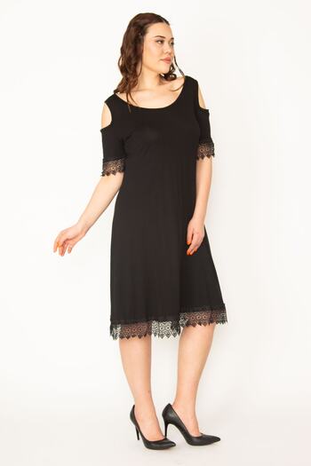 Şans Women's Large Size Black Off-Shoulder Lace Dress 65n32519