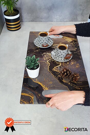 Decorita Cam Tepsi | Kahverengi Simli Mermer | 29cm X 52cm