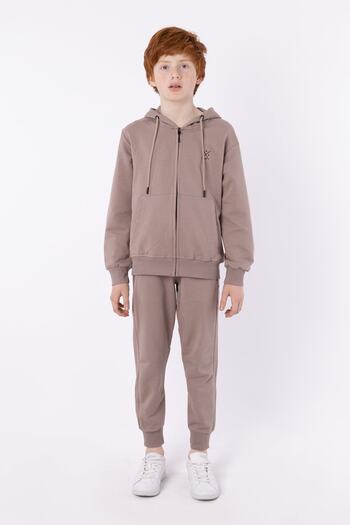 Black One Hooded Zippered Corded Injection Print Detailed Double Pocket Men's Tracksuit Set