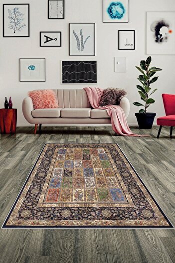 on the clouds Mavi Zemin Çerçeveli Yıkanabilir Kaymaz Taban Leke Tutmaz Modern Salon Halısı Ve Yolluk