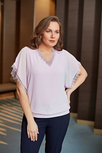 MİYORO Plus Size Chiffon Blouse with Lace and Bead Detail