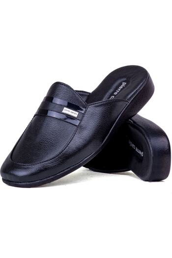 Pierre Cardin Men's Black Embroidered Groom Dowry Leather Home Slippers
