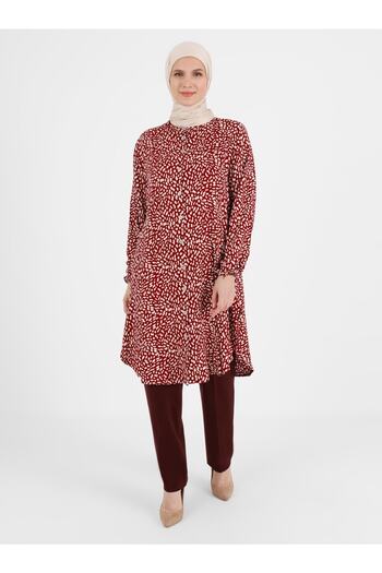 ZENANE Button Detailed Patterned Large Size Viscose Tunic - Claret Red -