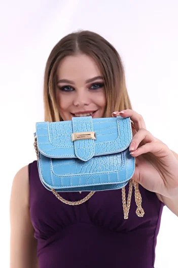 Bagzone Women's Baby Blue Belt Buckle Detailed Covered Chain Strap Mini Croco Bag