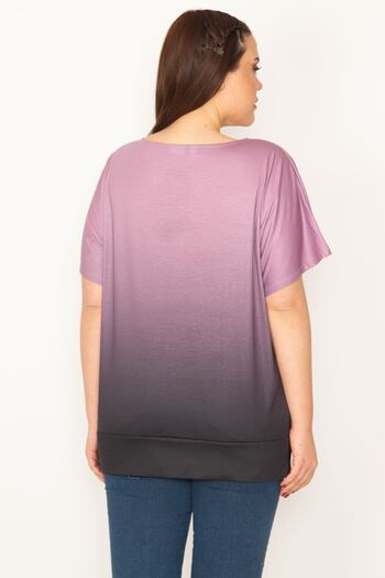 Şans Women's Large Size Lilac Batik Patterned Low Sleeve Banded Blouse 65n22754
