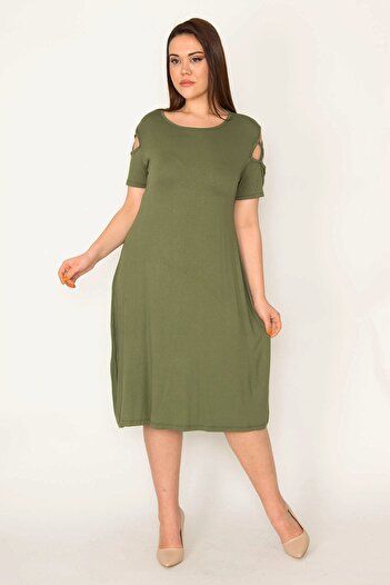 Şans Women's Large Size Khaki Shoulder Low-cut Viscose Dress 65n32520
