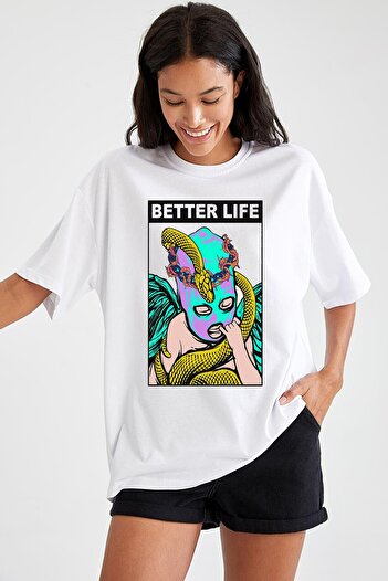 DEEPSENCE Γυναικείο μπλουζάκι Oversize Butter Line Μπροστινή στάμπα Λευκό