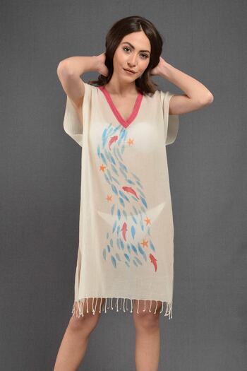 Dosimira Wavy Fish Pattern 100% Cotton Collar Pareo / Beach Dress