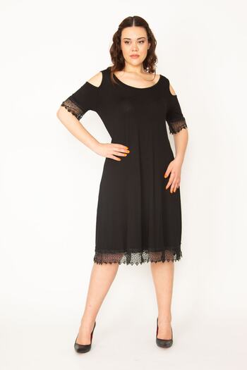 Şans Women's Large Size Black Off-Shoulder Lace Dress 65n32519