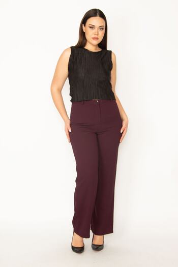 Şans Women's Large Size Plum Classic Fabric Trousers 65n32154