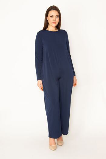 Şans Women's Large Size Navy Blue Back Hidden Zipper Wide Leg Jumpsuit 65n32512