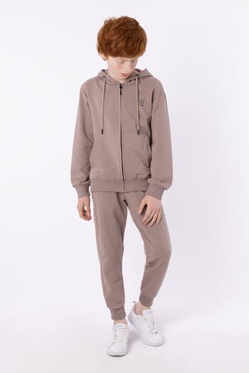 Black One Hooded Zippered Corded Injection Print Detailed Double Pocket Men's Tracksuit Set