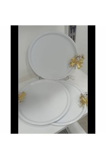 Elzem White Color 3 Piece Tea Coffee Tray Luxury Presentation with Butterfly Accessory