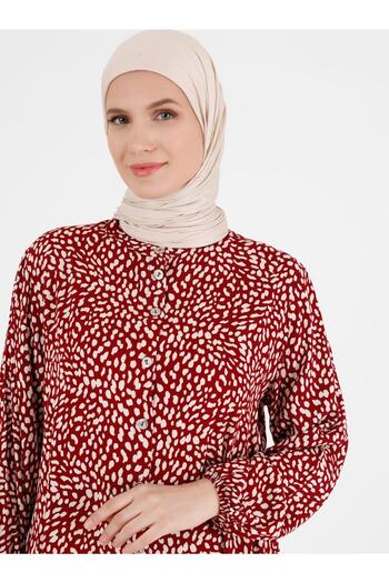 ZENANE Button Detailed Patterned Large Size Viscose Tunic - Claret Red -
