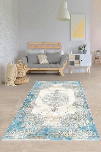 on the clouds Mavi Zemin Göbekli Desen Yıkanabilir Kaymaz Taban Leke Tutmaz Modern Salon Halısı Ve Yolluk