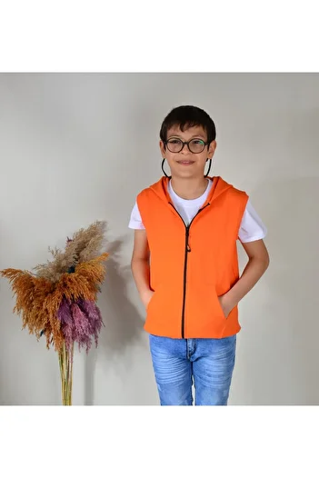 KİDSPİTİRCİK Unisex Children's Orange Zippered (Hoodless) 2-Strand Combed Cotton Vest