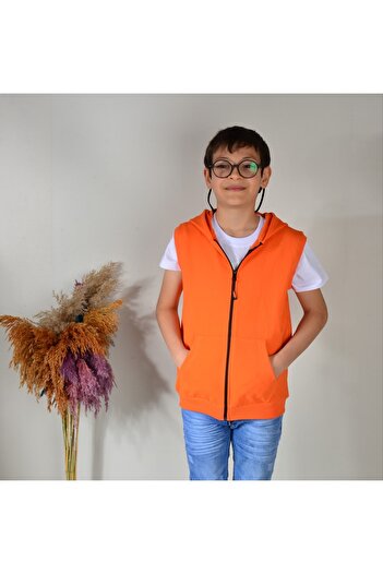 KİDSPİTİRCİK Unisex Children's Orange Zippered (Hoodless) 2-Strand Combed Cotton Vest