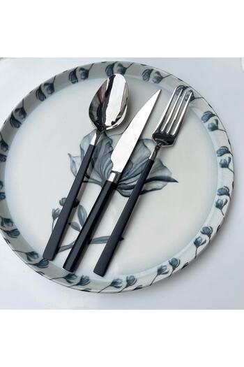 DMR LİFE Diamond Plain Black Fork Spoon Knife Set 48 Pieces for 8 People