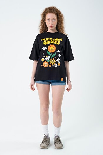 Eazy Co Eazy Black Happy Flowers Unisex Extra Oversize Printed Short Sleeve T-shirt