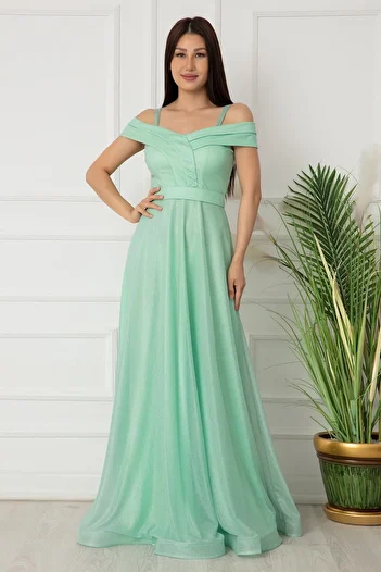 PULLIMM Strappy Glitter Tulle Long Evening Dress 13278