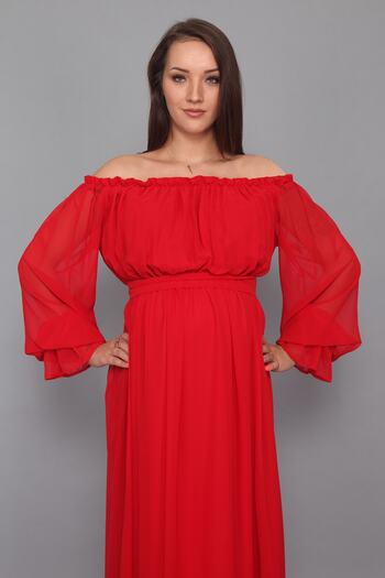 MODA LABİO Kırmızı Dökümlü Hamile Elbisesi
