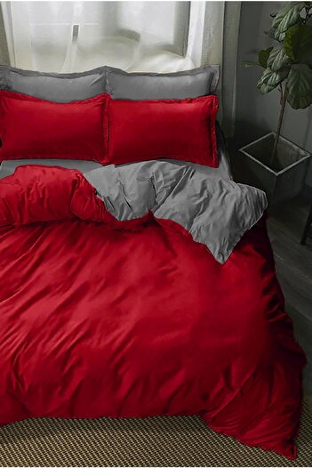 Always 100% Natural Cotton Double Duvet Cover Set Red Gray