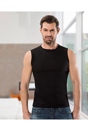 Anıt 4-Piece Men's Black Ribbed Zero Sleeve Crew Neck Undershirt 1108