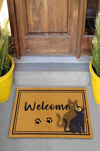Evsebu Mor Kedi Desenli Dekoratif Kapı Önü Paspası