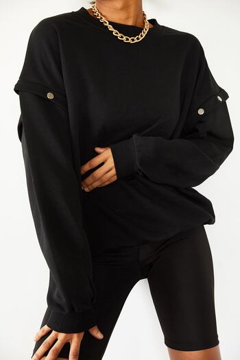 XHAN Women's Black Snap Detailed Sweatshirt 1KZK8-10775-02