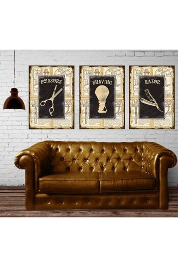 caddeko Erkek Berberi Retro Konsept Kuaför Üçlü Tablo 3 Adet 50x70cm