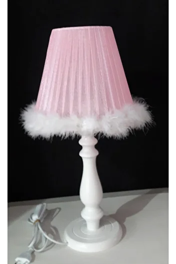 TEKAY AYDINLATMA Pink White Feathered White Wooden Leg Bedroom Children's Room Baby Room Lampshade