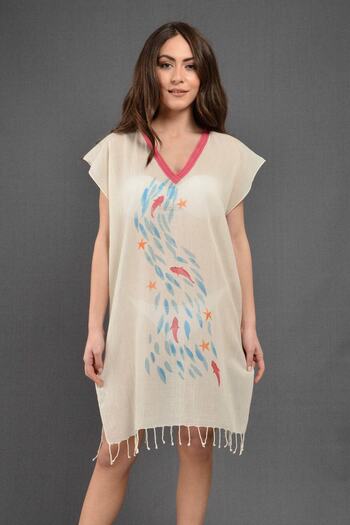 Dosimira Wavy Fish Pattern 100% Cotton Collar Pareo / Beach Dress