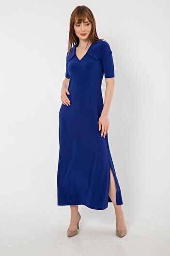 Laranor Sax Shirt Collar Slit Detail Long Dress