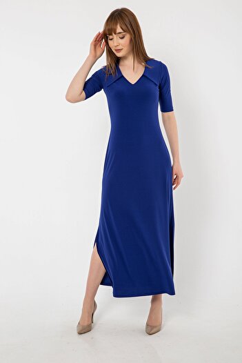 Laranor Sax Shirt Collar Slit Detail Long Dress