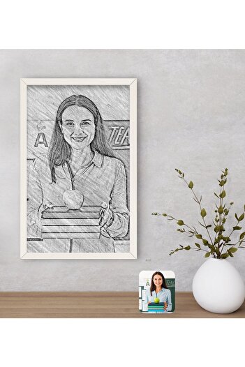 Bk Gift Kişiye Özel Kadın Öğretmen Karakalem Tasarımlı Dekoratif Ahşap Beyaz Çerçeveli Tablo-1