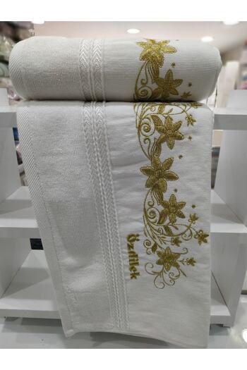 Özdilek 2 Pieces Embroidered Hand and Face Towel 50x90 Cm Yellow Glitter
