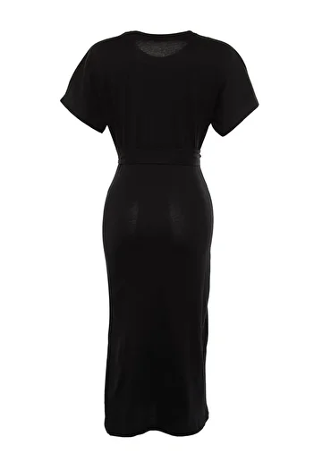 Trendyol Collection Rochie neagră, 100% bumbac, tricotată în talie, midi, creion, cu cravată și detaliu TWOSS21EL0404