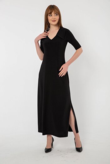 Laranor Black Shirt Collar Slit Detail Long Dress