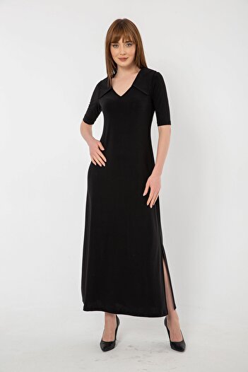 Laranor Black Shirt Collar Slit Detail Long Dress