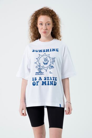 Eazy Co Eazy White Sunshine Unisex Extra Oversize Printed Short Sleeve T-shirt
