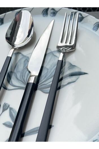 DMR LİFE Diamond Plain Black Fork Spoon Knife Set 36 Pieces for 6 People