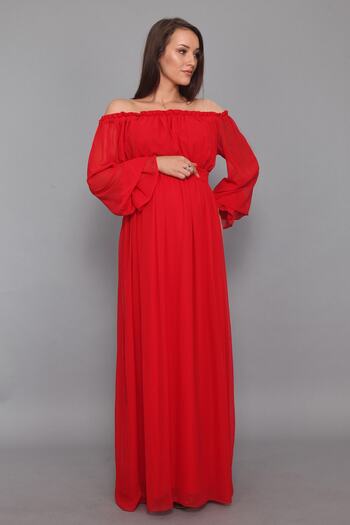 MODA LABİO Kırmızı Dökümlü Hamile Elbisesi