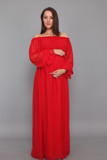 MODA LABİO Kırmızı Dökümlü Hamile Elbisesi